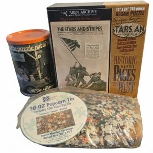 Lot of 3 Jigsaw Puzzles Iwo Jima 750pc, DuPont Puzzle w/ Tin & Holiday 500pc